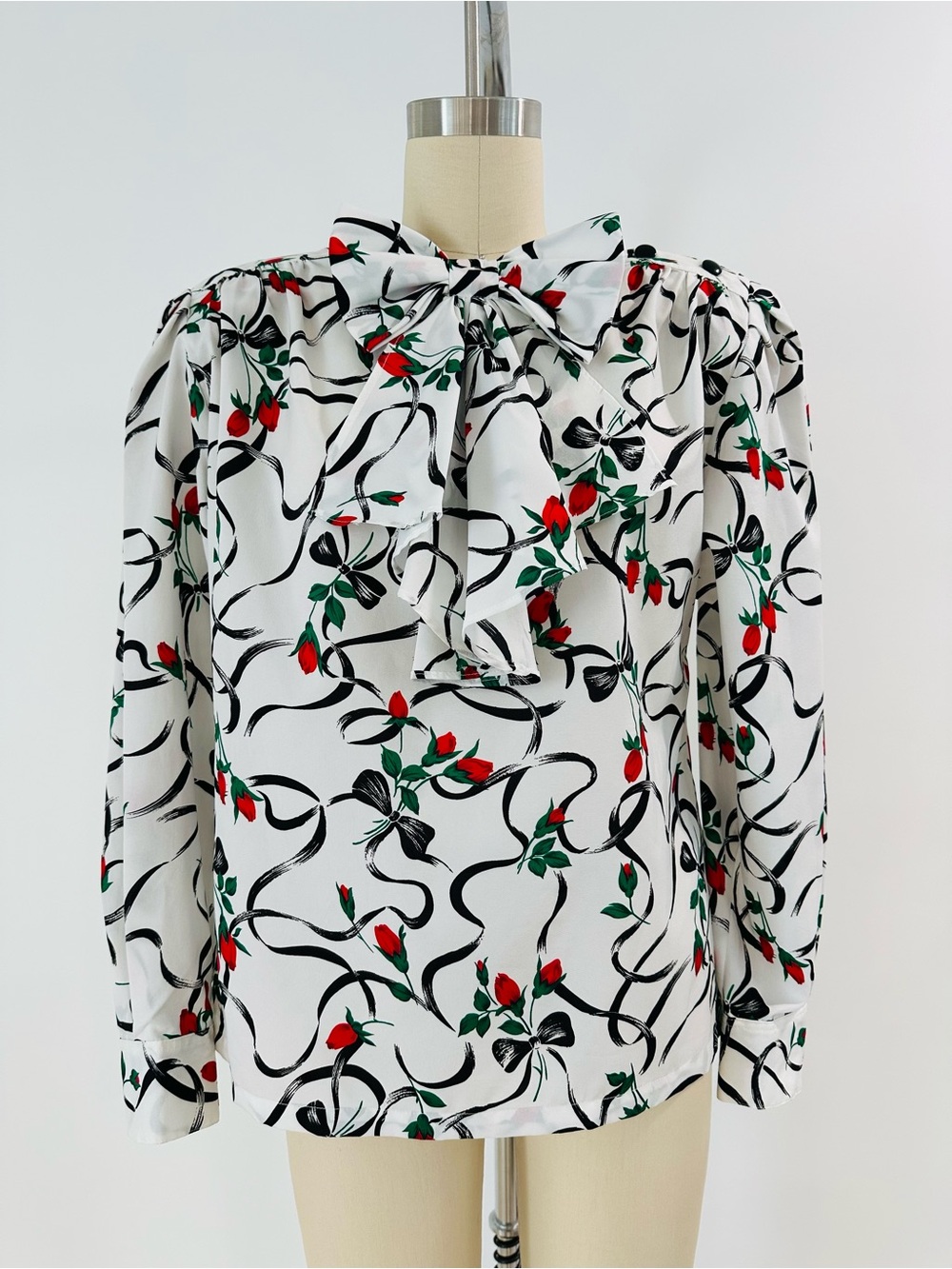 Vintage Statement Bow Blouse with Roses, Ribbons & Bows Print